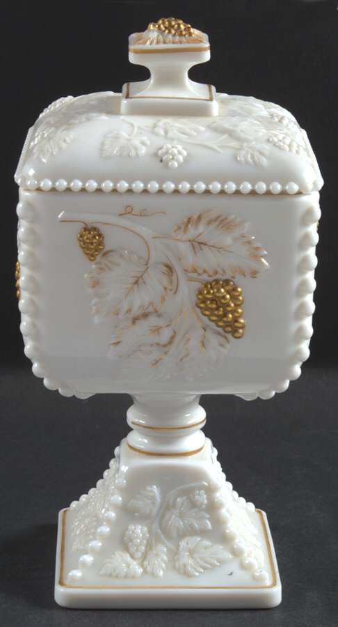 Paneled Grape Milk Glass (Gold Accents, 915) Bead, Large Ft Candy Dish with Lid by Westmoreland-1