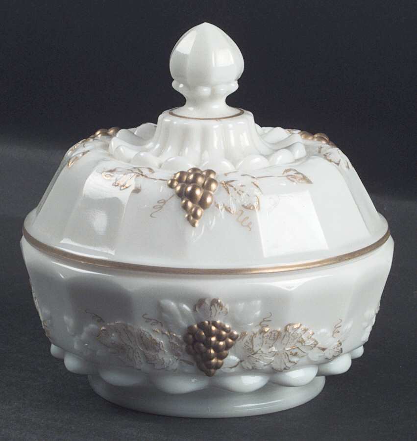 Paneled Grape Milk Glass (Gold Accents, 915) Round Puff Box with Lid by Westmoreland-1