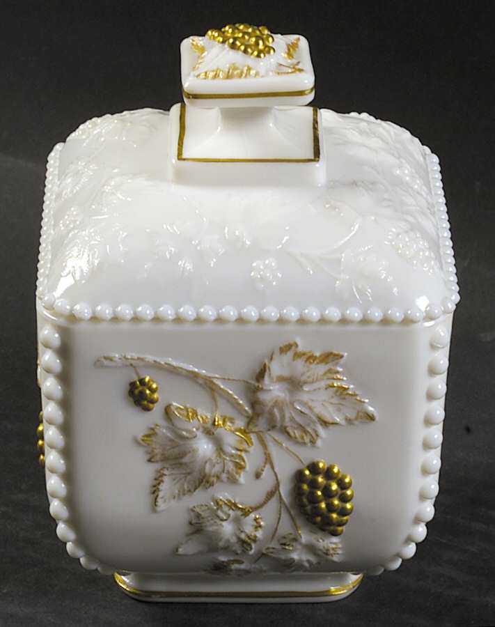 Paneled Grape Milk Glass (Gold Accents, 915) Beaded Square Puff Box with Lid by Westmoreland-1
