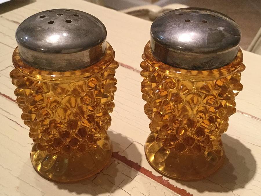 Hobnail Amber Shaker Set w/Metal Lids by L G Wright Glass-1