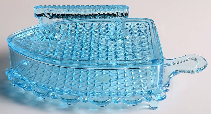 Flat Iron Blue Candy Dish & Lid by L G Wright Glass-1