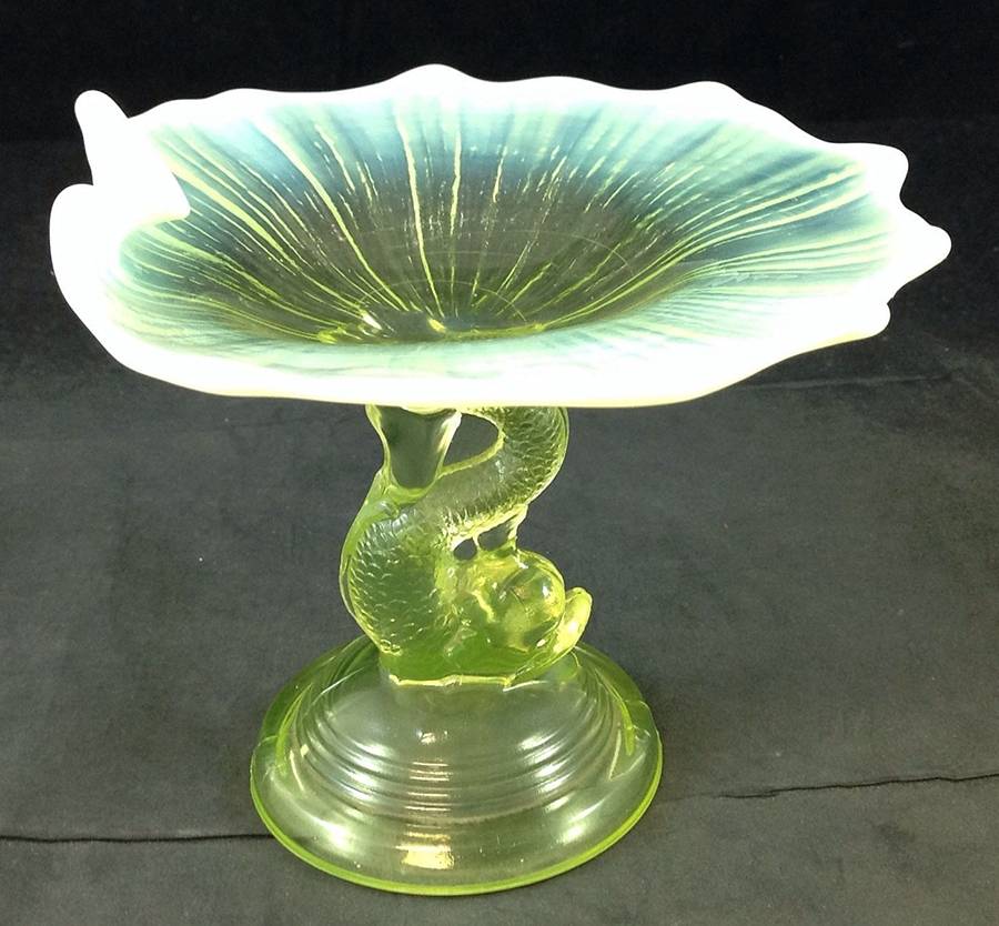 Animals & Figurines Compote-Dolphin-Vaseline/Opalescent by L G Wright Glass-1