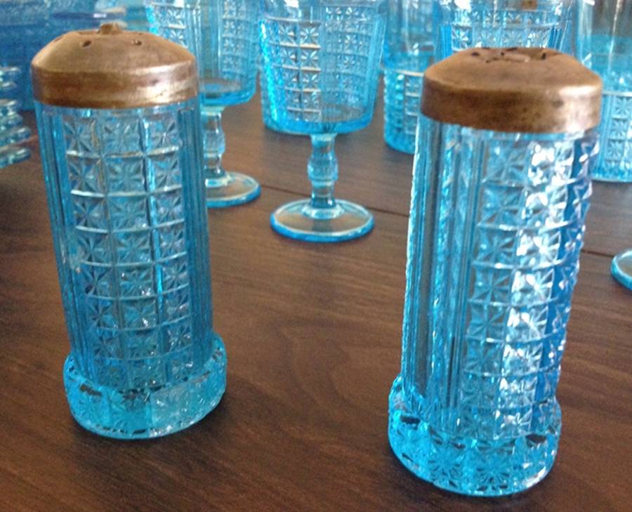 Two Panel Blue Salt and Pepper Set by L G Wright Glass-1