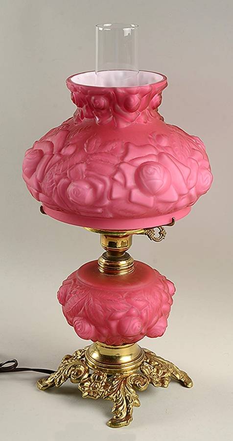 Embossed Rose Rose Overlay Student Lamp with Globe & Chimney by L G Wright Glass-1