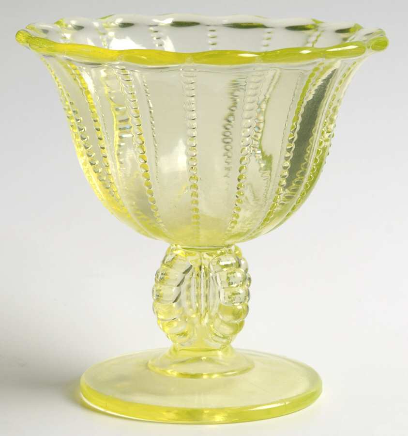 Beaded Vaseline Round Compote (Height X Width) by L G Wright Glass-1