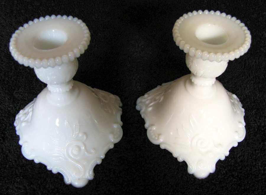Scroll and Lace Milk Glass Single Light Candlestick by Westmoreland-1