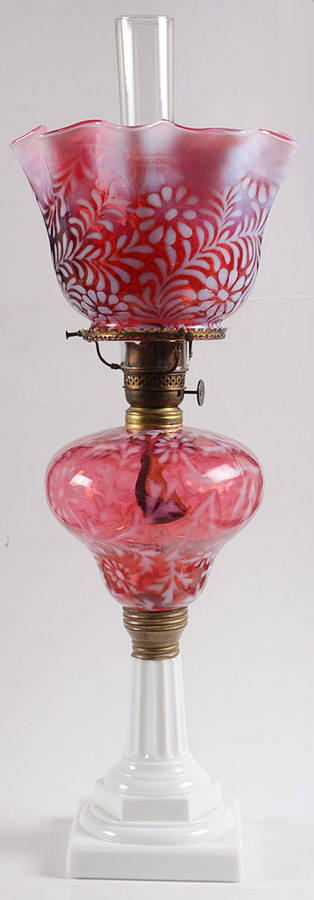 Daisy & Fern Cranberry Oil Lamp & Shade by L G Wright Glass-1