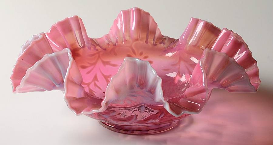 Daisy & Fern Cranberry 10" Round Double Crimped Bowl by L G Wright Glass-1