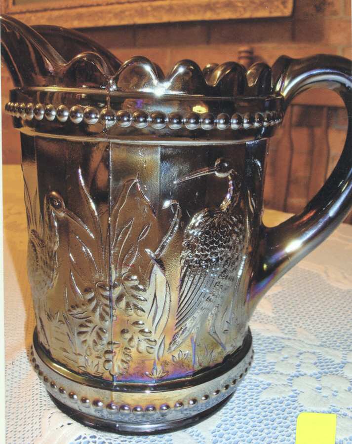 Stork and Rushes (Carnival Amethyst) Pitcher by L G Wright Glass-1