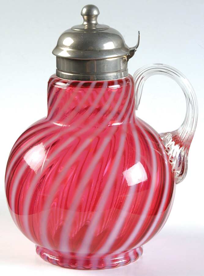 Opal Swirl Cranberry Syrup/Sugar Shaker & Metal Lid by L G Wright Glass-1