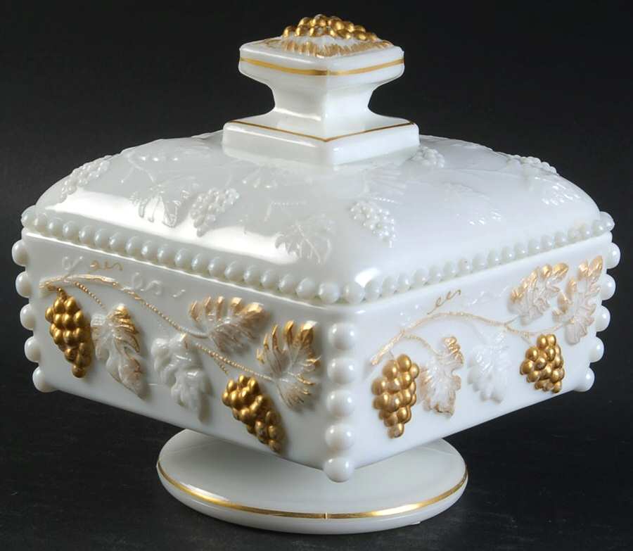 Paneled Grape Milk Glass (Gold Accents, 1881) Beaded Honey Dish & Lid by Westmoreland-1