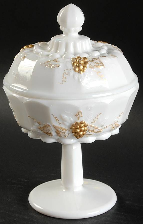 Paneled Grape Milk Glass (Gold Accents, 1881) Compote & Lid by Westmoreland-1