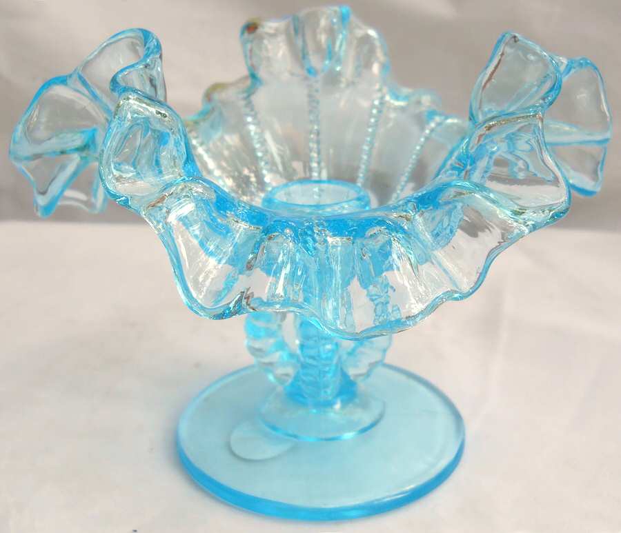 Beaded Blue 4" Single Light Candlestick by L G Wright Glass-1