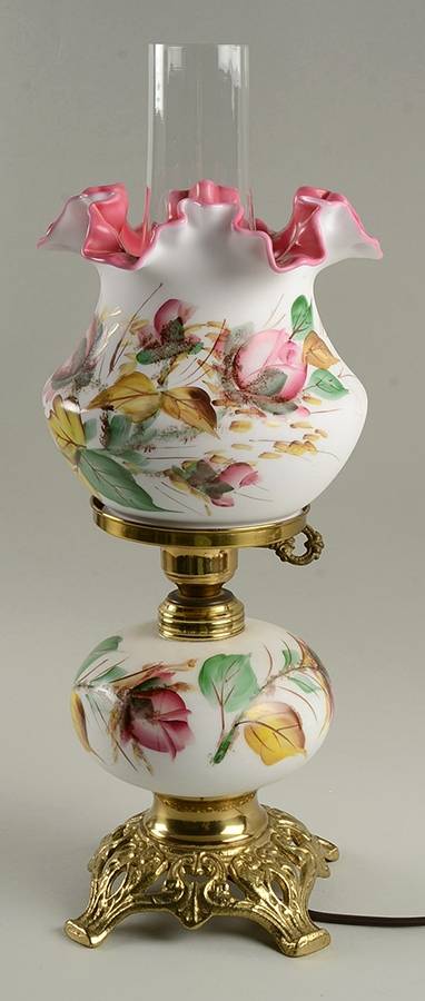 Moss Rose Student Lamp with Globe & Chimney by L G Wright Glass-1
