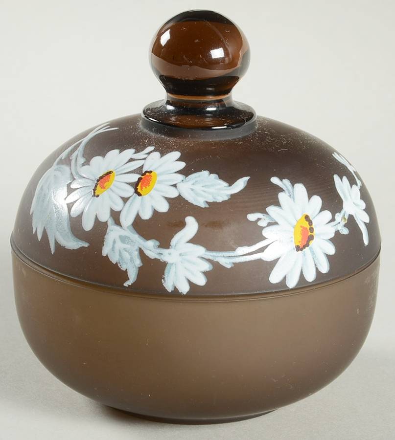 Daisy Decal Brown Mist Round Puff Box with Lid by Westmoreland-1
