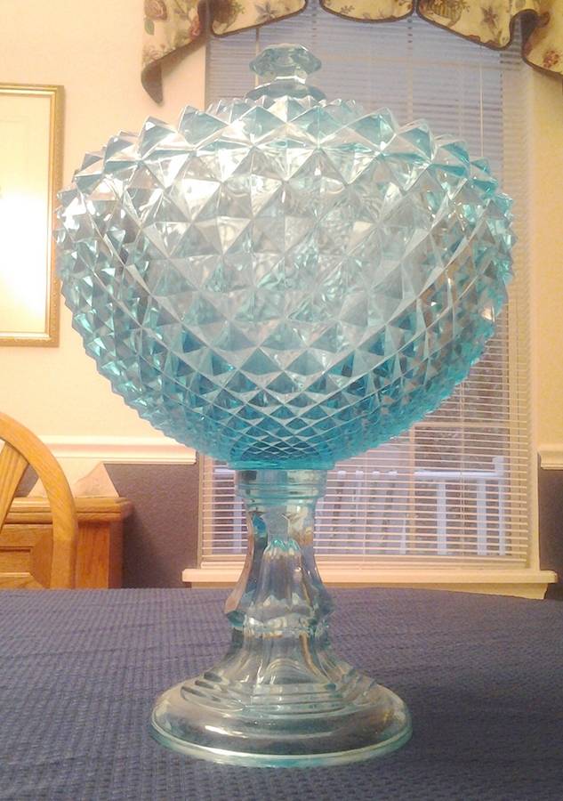 Sawtooth-Blue (Aquamarine) 14" Tall Compote & Lid by Westmoreland-1