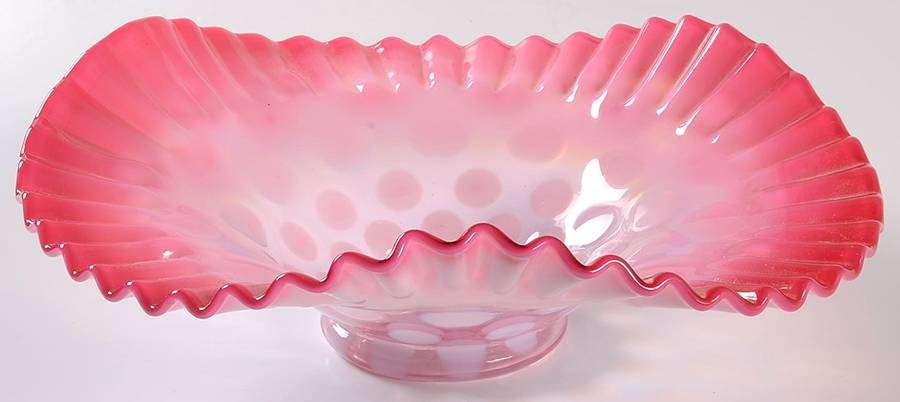 Dot Cranberry Opalecent 9" Round Crimped Bowl by L G Wright Glass-1