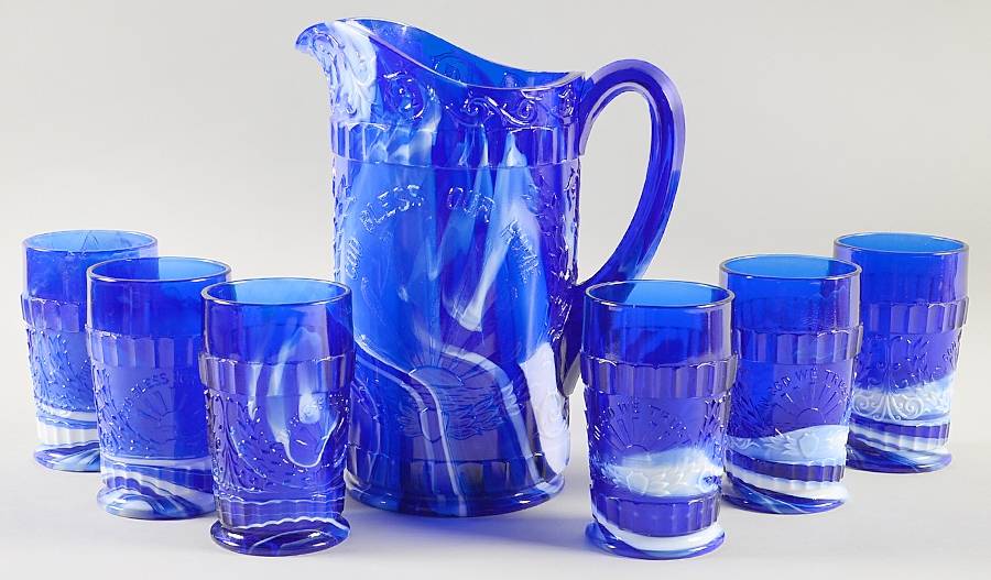 God and Home Blue Slag Pitcher & 6 Tumbler Set by L G Wright Glass-1