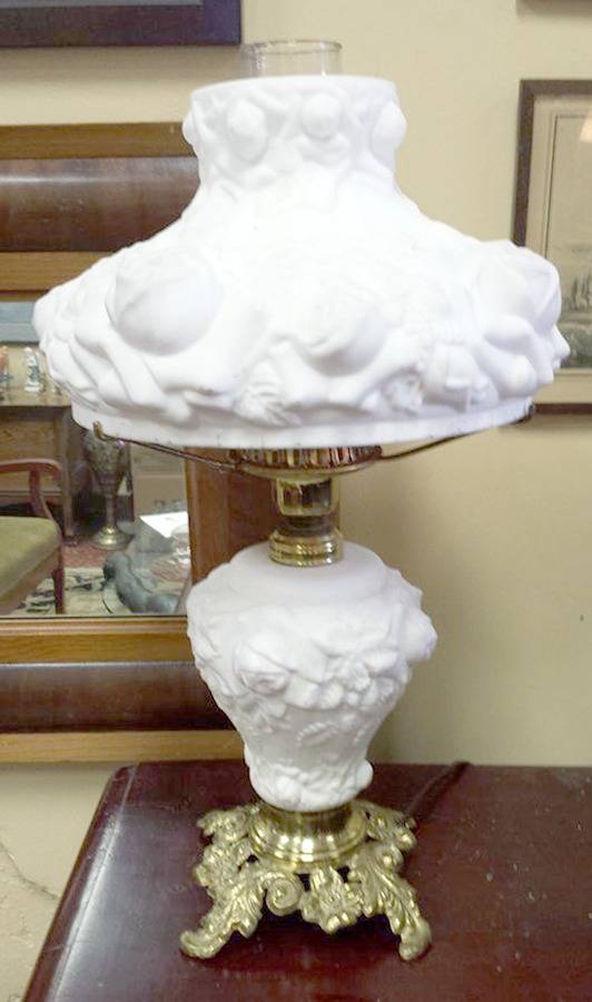 Embossed Rose Milkglass Electric Lamp with Globe and Chimney by L G Wright Glass-1