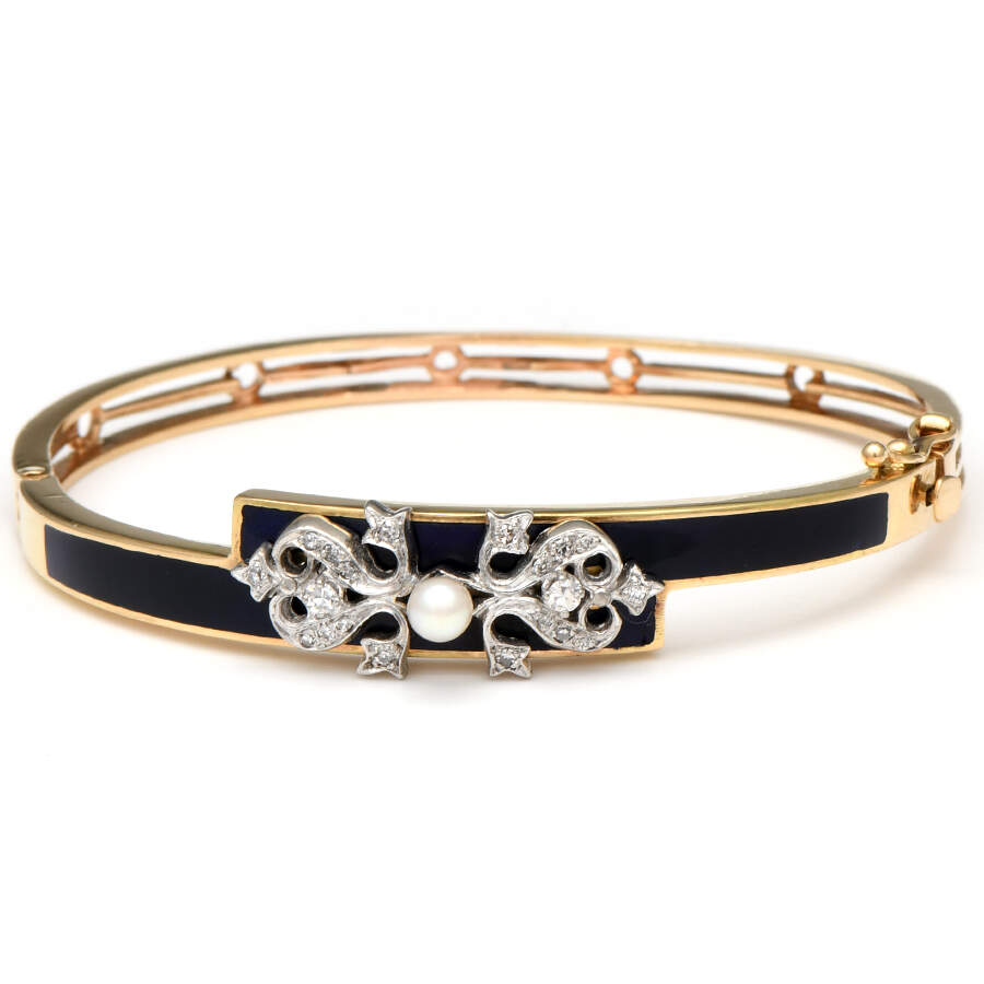 14KY Vintage Diamond(0.24) & Pearl Enamel Bangle Bracelet-1