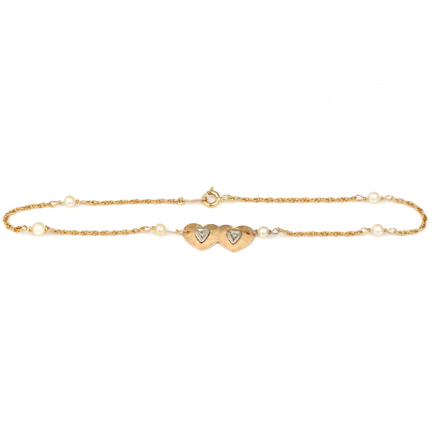 14KYW Vintage Diamond & Seed Pearl Station Anklet Bracelet-1