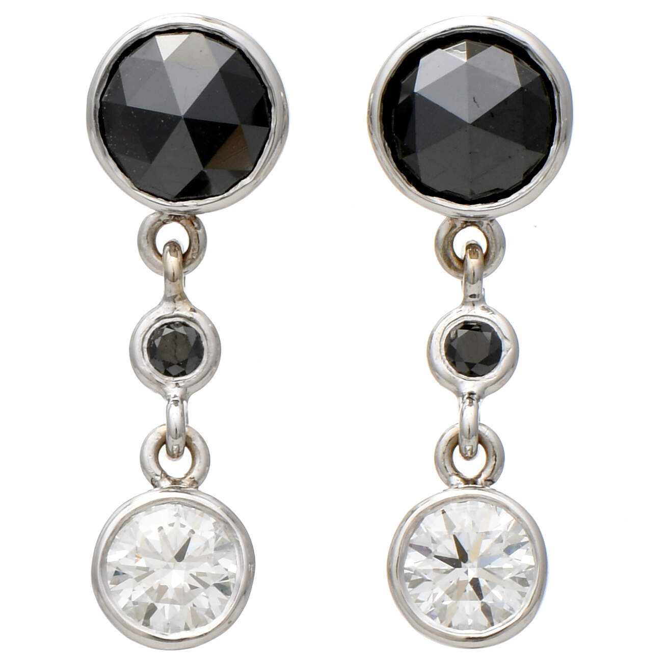 14KW Black & White Diamond(1.93) Dangle Earrings-1