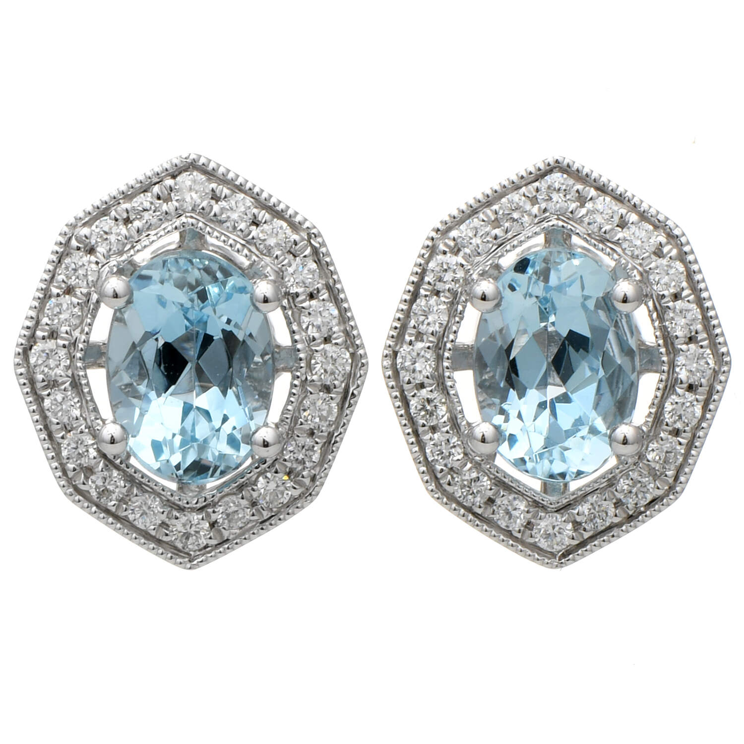 14KW Aquamarine(1.50) & Diamond(0.20) Halo Stud Earrings-1