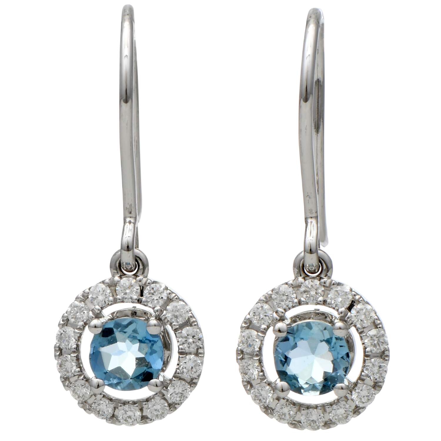 14KW Aquamarine(0.44) & Diamond(0.28) Halo Dangle Earrings-1