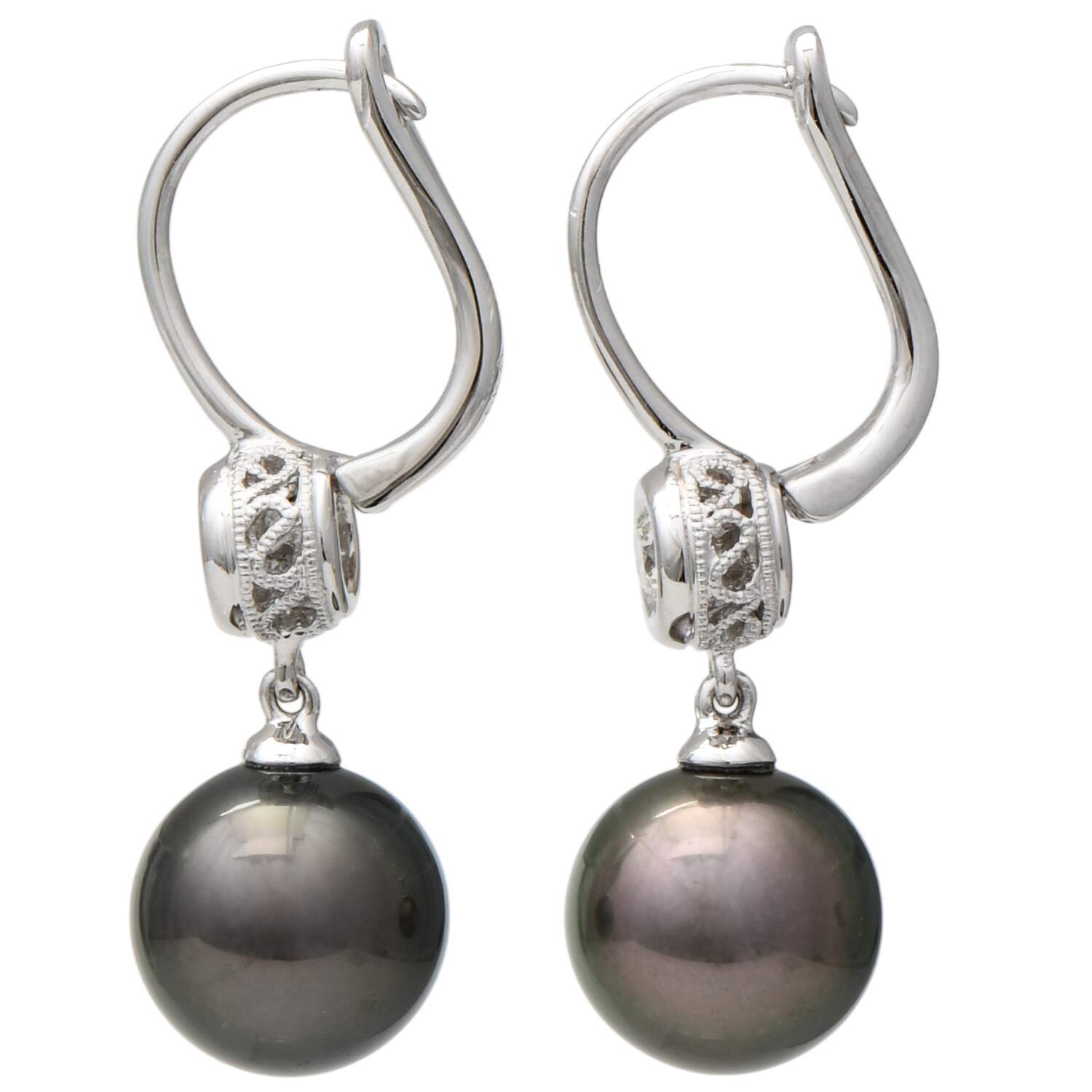 18KW Peacock Tahitian Pearl & Diamond(0.30) Drop Earrings-2