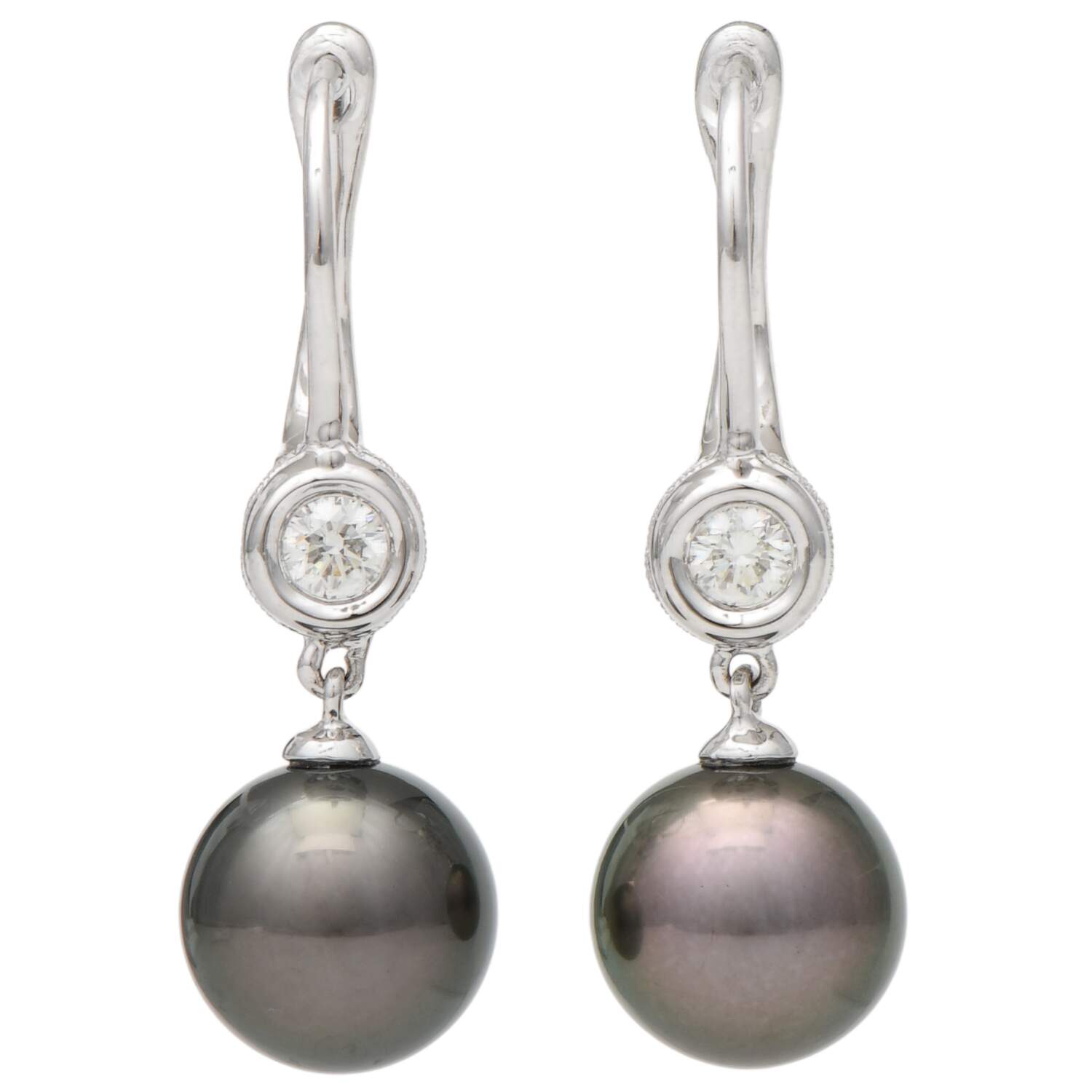 18KW Peacock Tahitian Pearl & Diamond(0.30) Drop Earrings-1