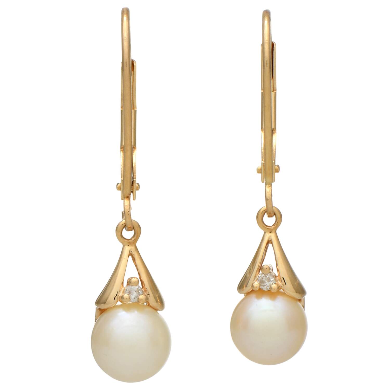 14KY Akoya Pearl (6.7-6.9 mm) & Diamond Accent Dangle Earrings-1