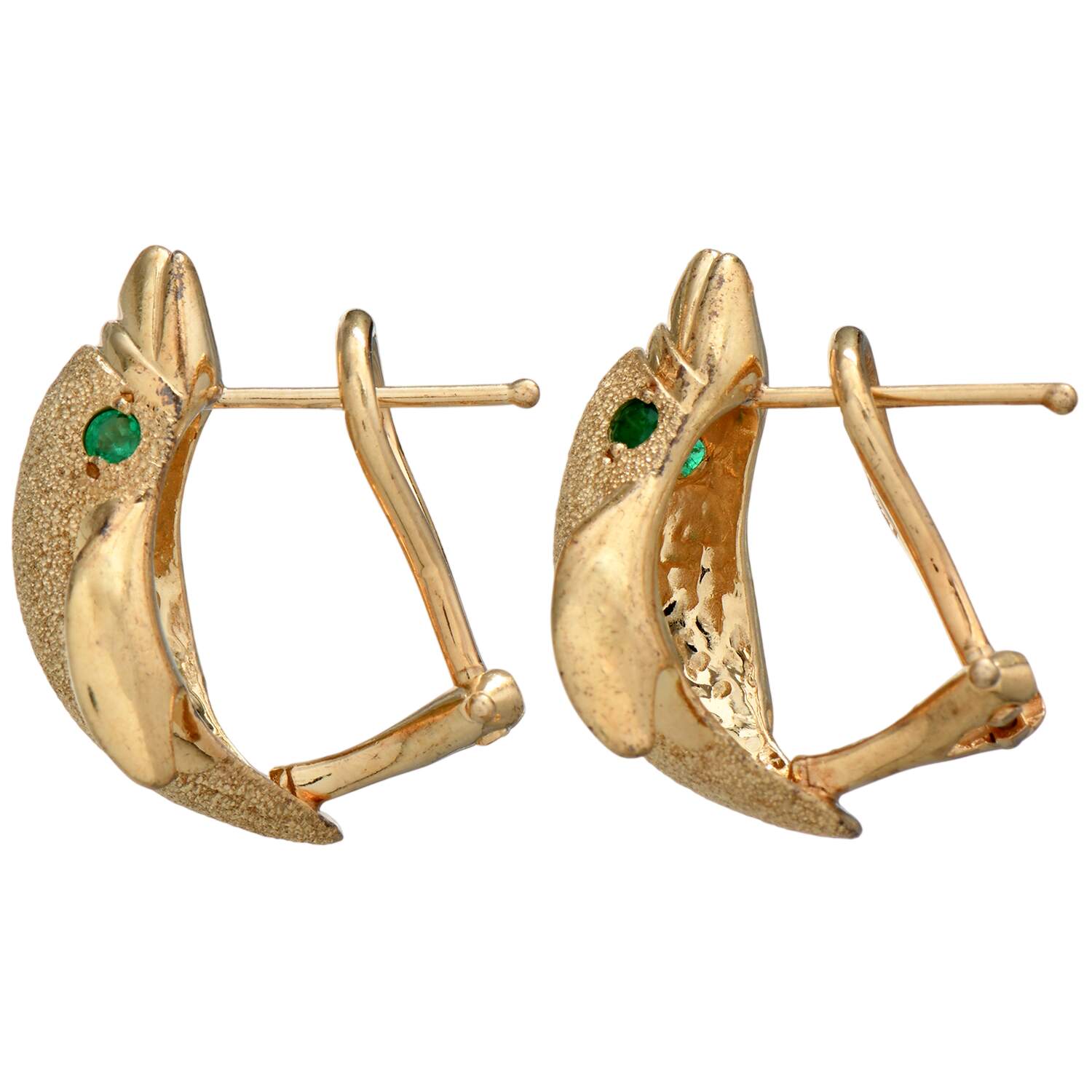 14KY Emerald Eyed Dolphin Textured Earrings-2