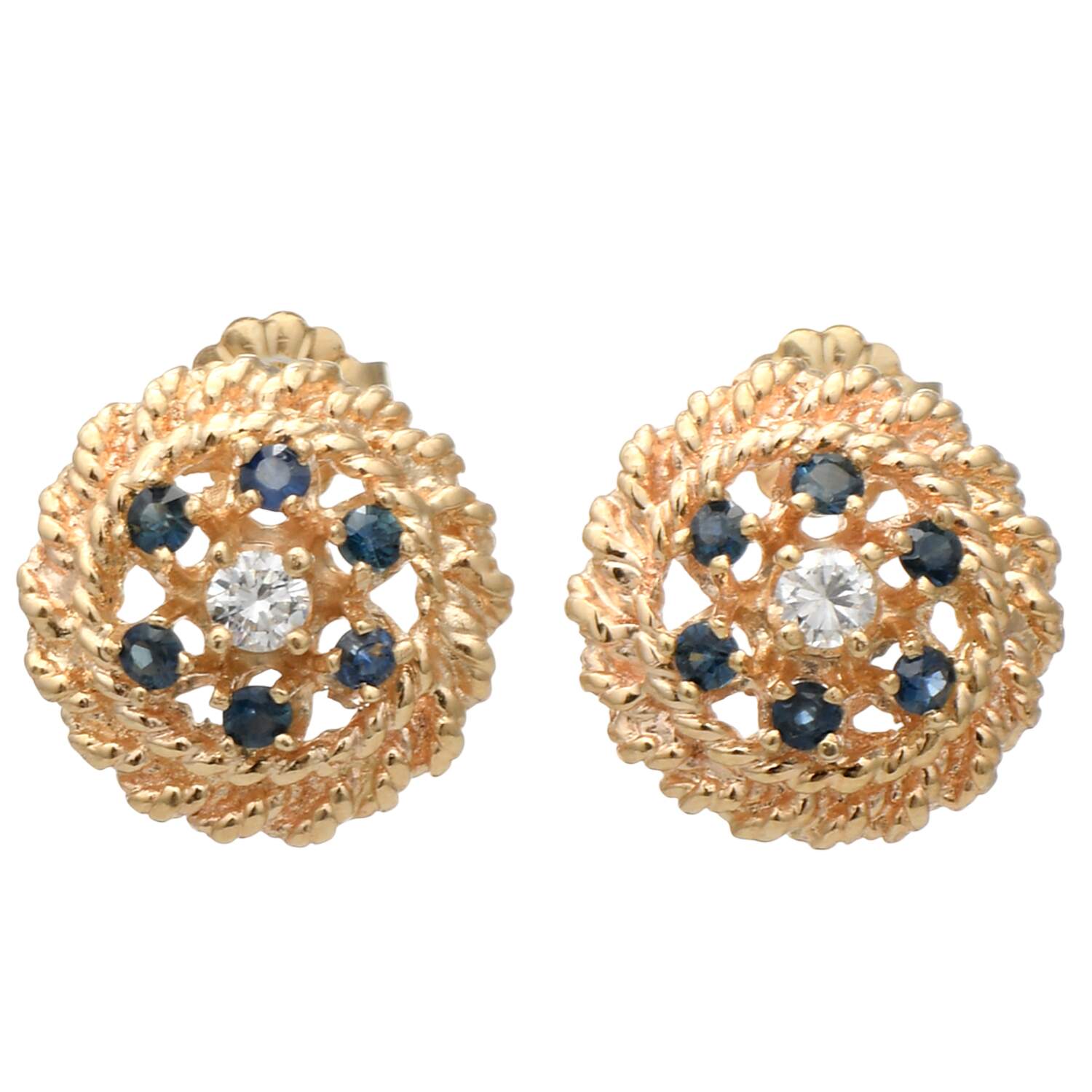 14KY Sapphire(0.50) & Diamond(0.20) Button Style Earrings-1