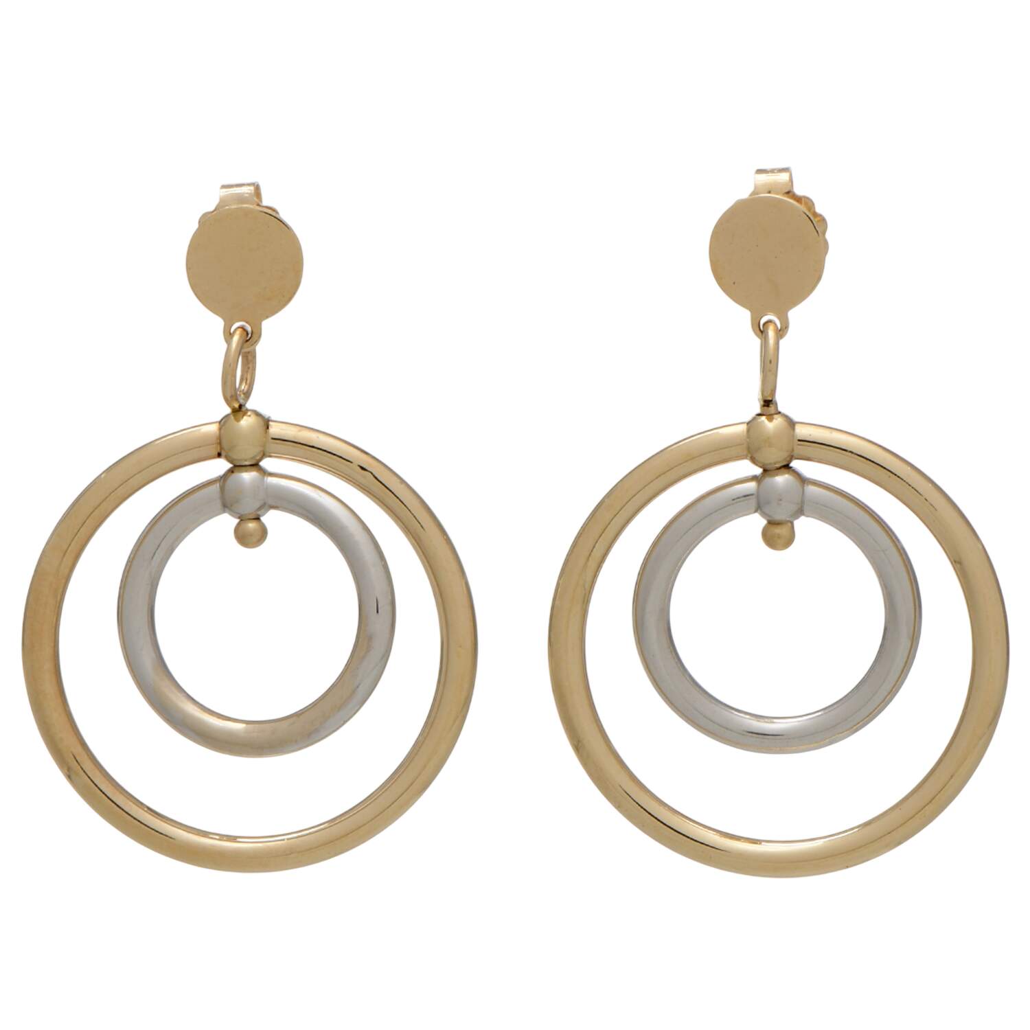 14KYW Two-Tone Double Circle Dangle Earrings-1