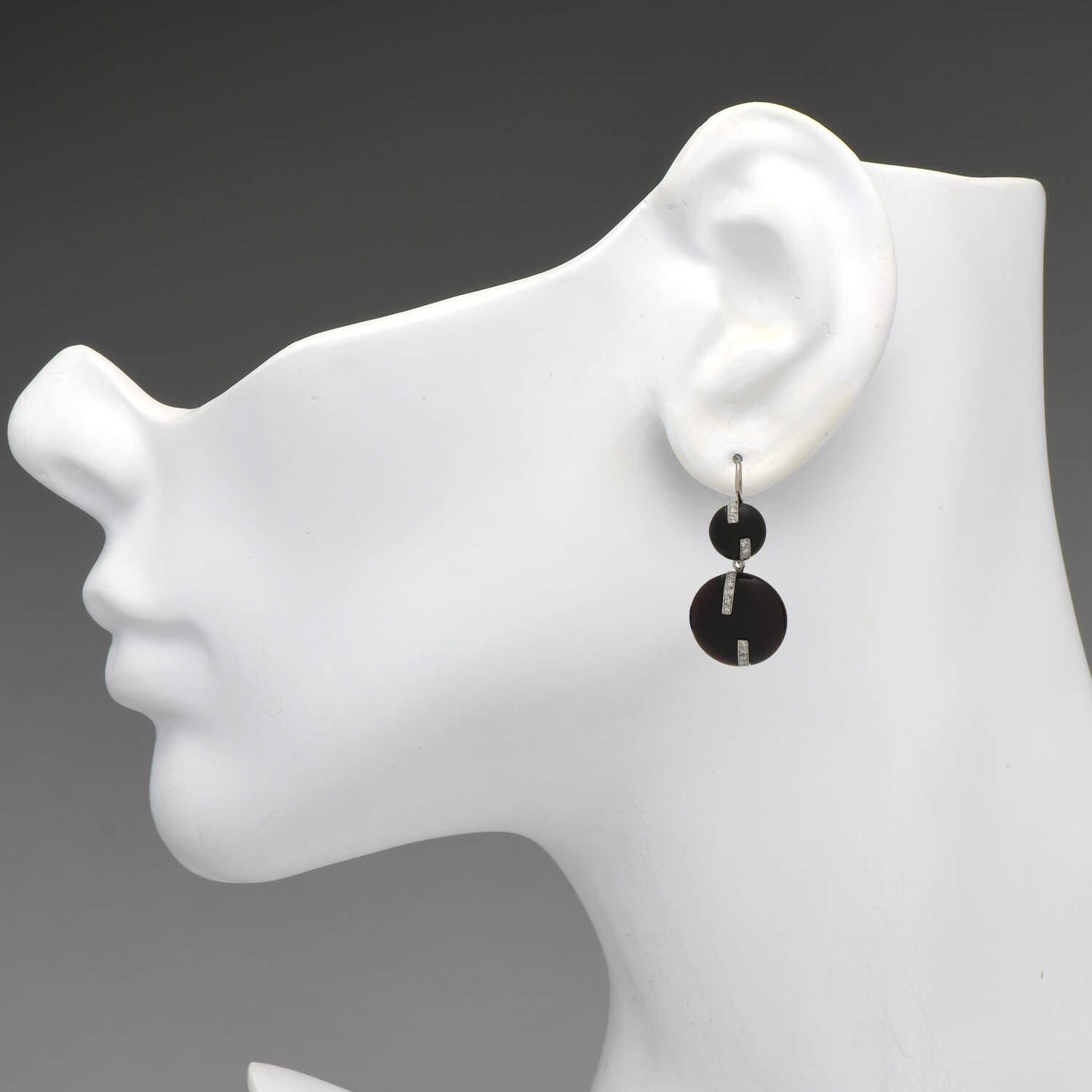 18/14KW Platinum Art Deco Onyx & Diamond(0.35) Dangle Earrings-3