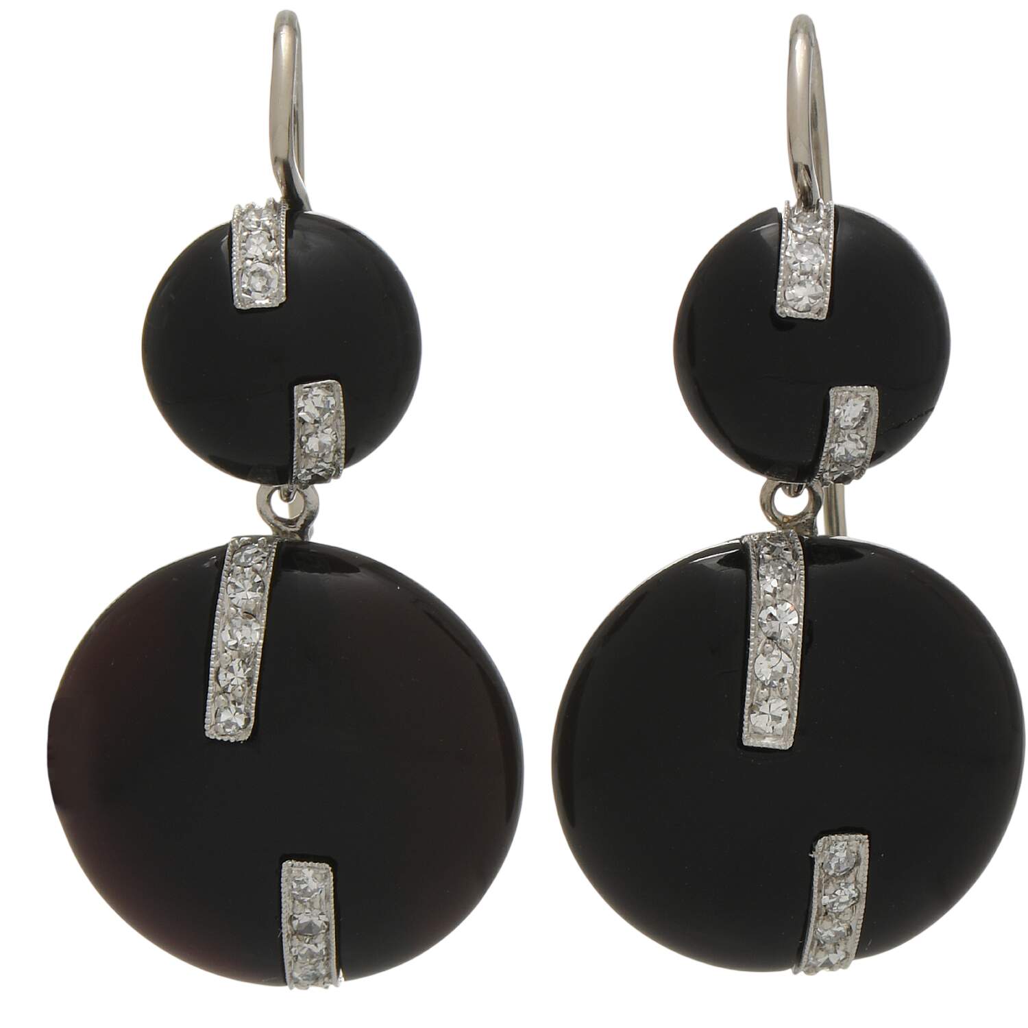 18/14KW Platinum Art Deco Onyx & Diamond(0.35) Dangle Earrings-1