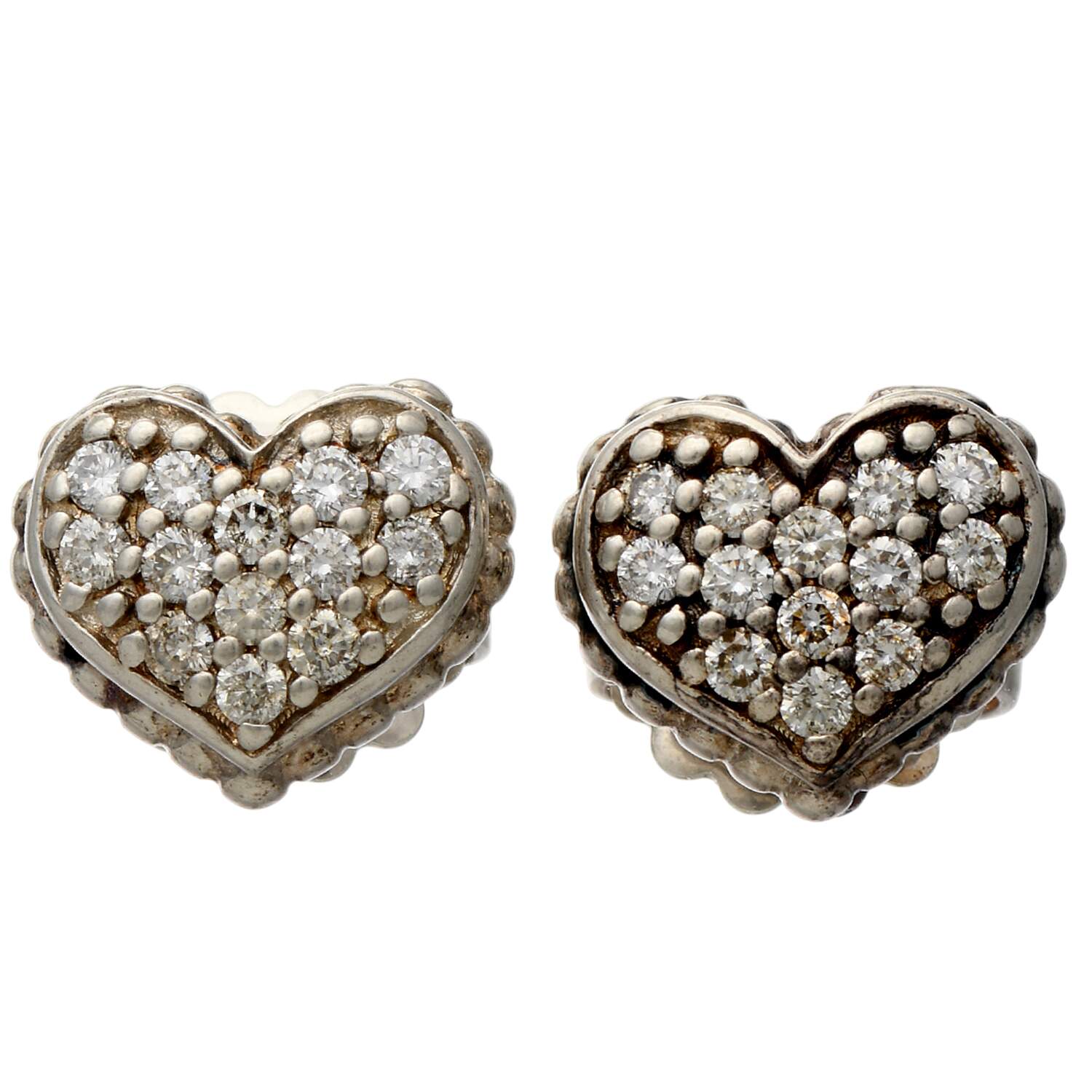 Sterling Silver 14KY Lagos Caviar Pave Diamond(0.52) Heart Stud Earrings-1