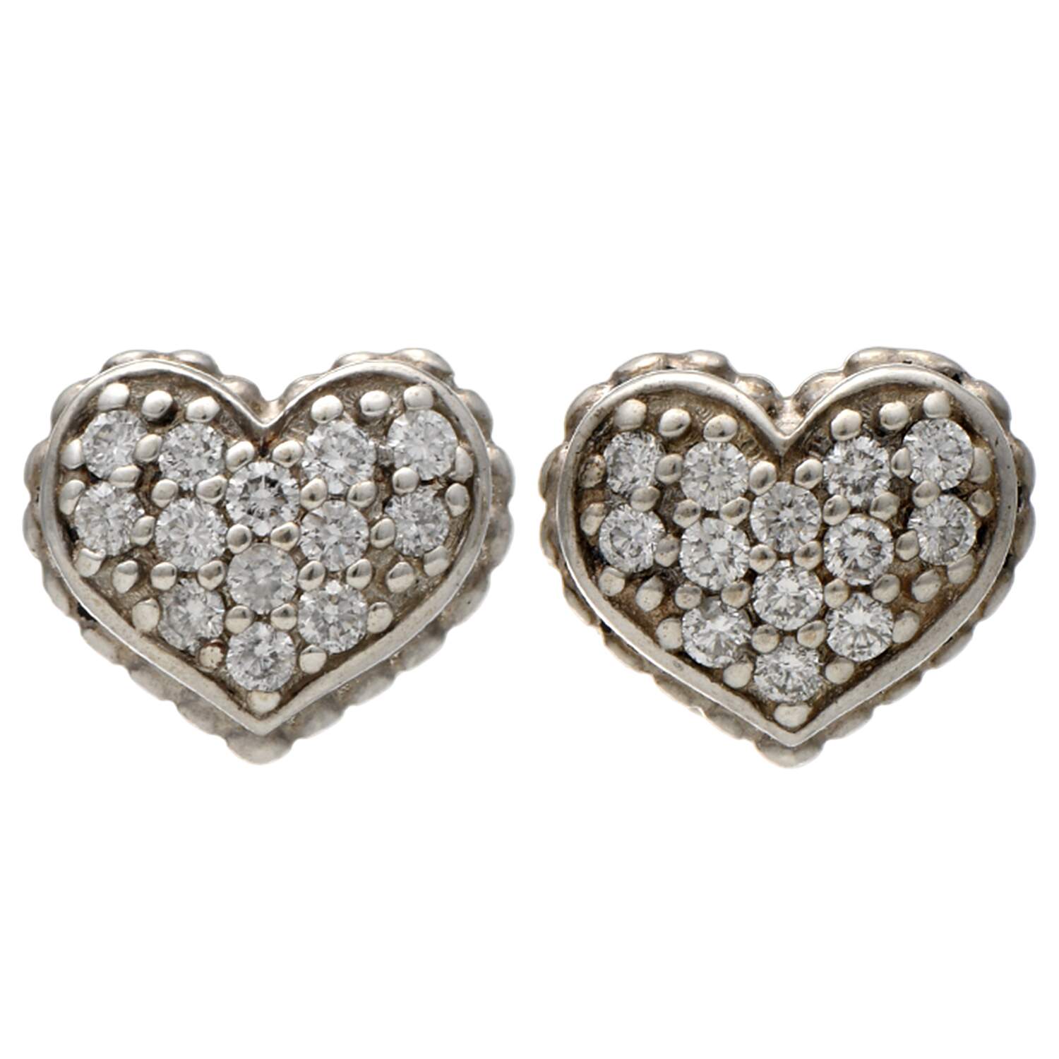 Sterling Silver 14KY Lagos Caviar Pave Diamond(0.52) Heart Stud Earrings-1