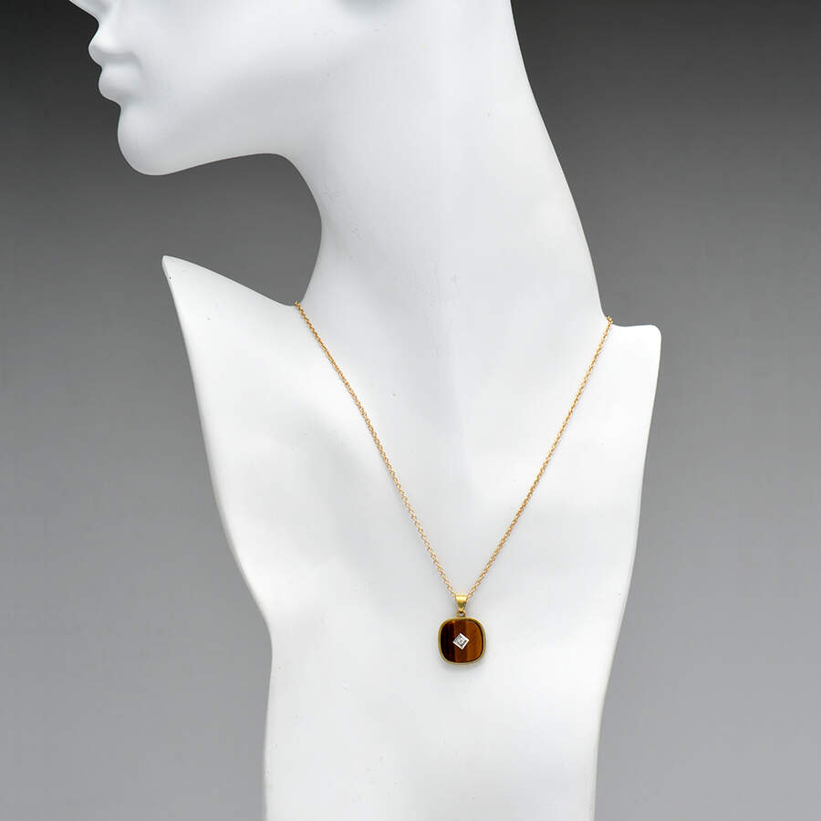 14KY Tigers Eye & Diamond Accent Bezel Necklace-3