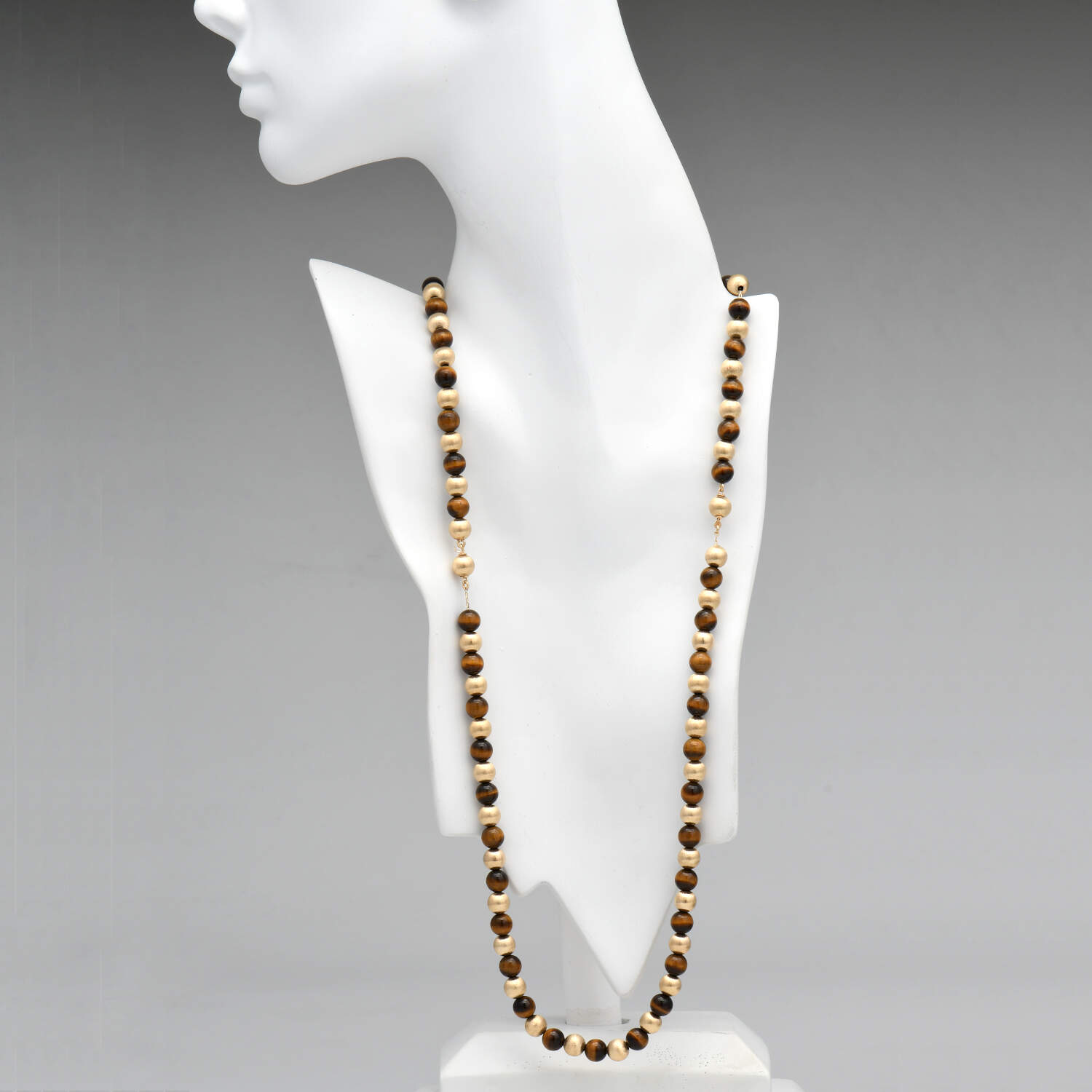 14KY 2 in 1 Tiger's Eye & Textured Gold Bead Necklace-3