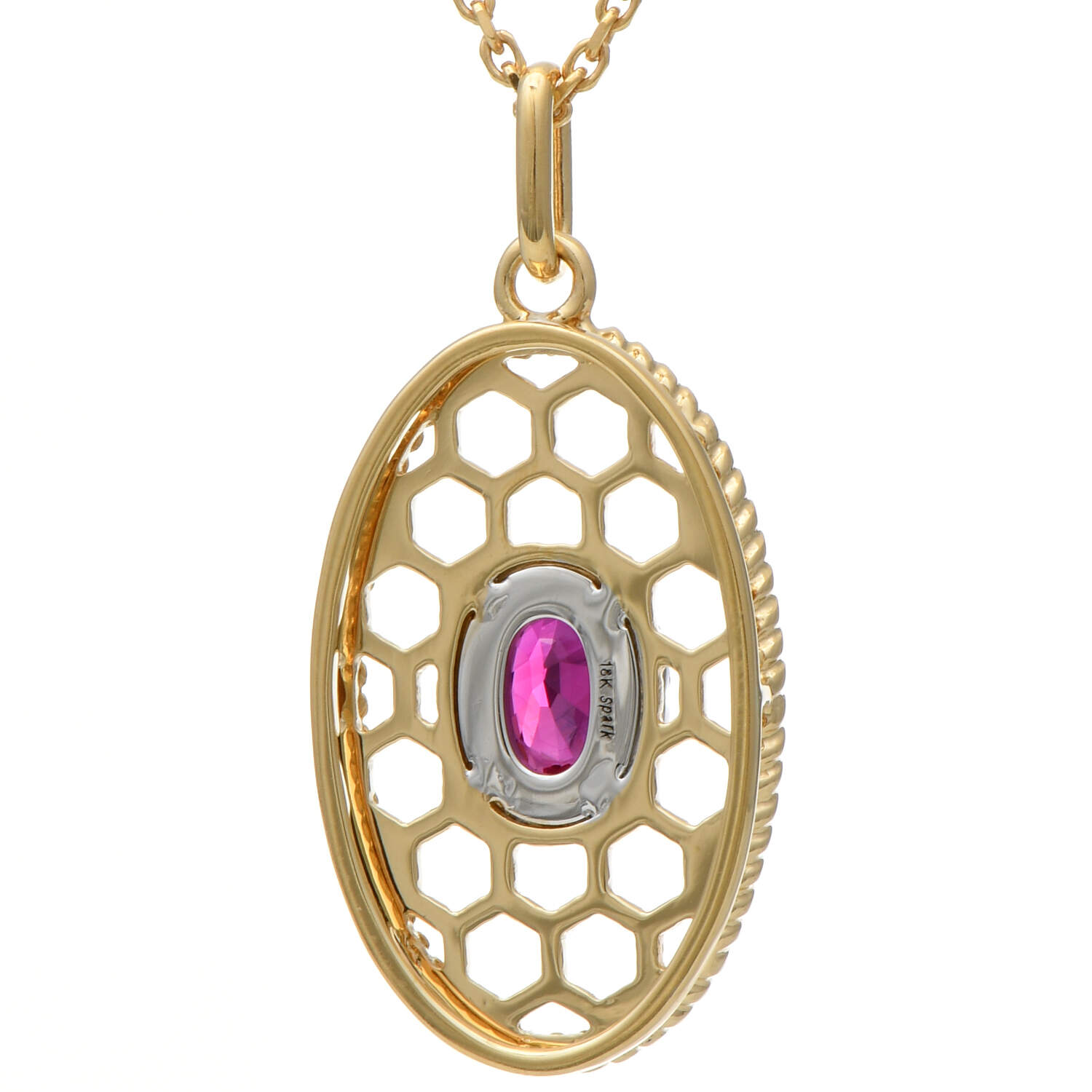 18KY Spark Oval Ruby(0.55) & Diamond(0.08) Honeycomb Necklace-2