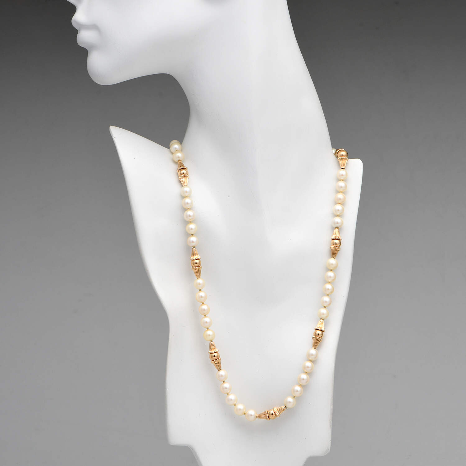 14KY Pearl & Fluted Gold Bead Strand Necklace-3