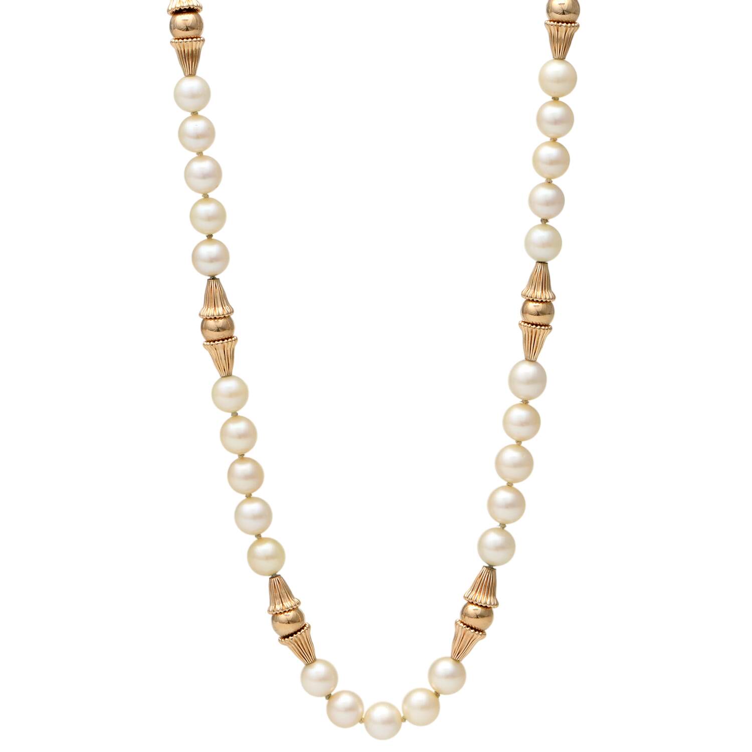 14KY Pearl & Fluted Gold Bead Strand Necklace-1