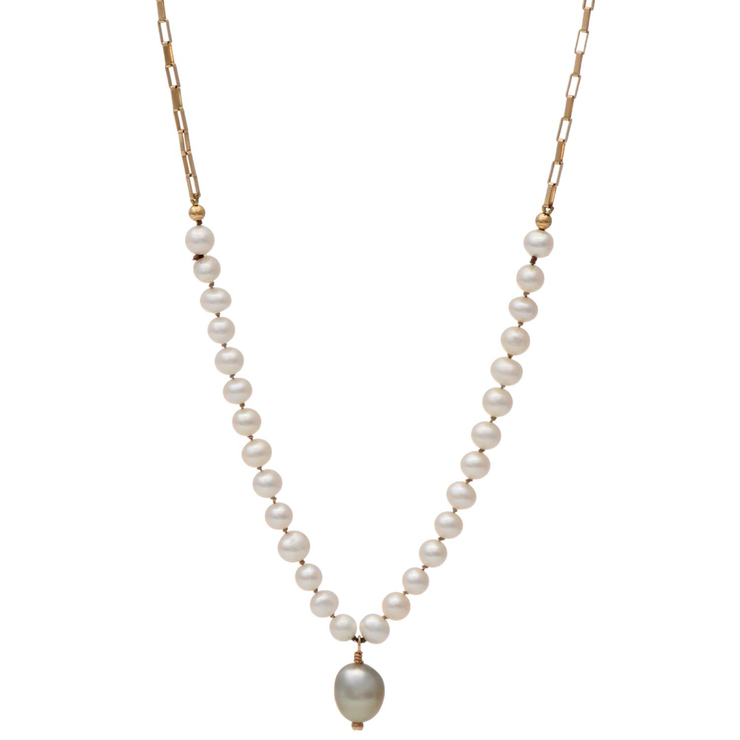 14KY Gray & White Pearl(5.15 &10.0mm) Station Strand Necklace-1