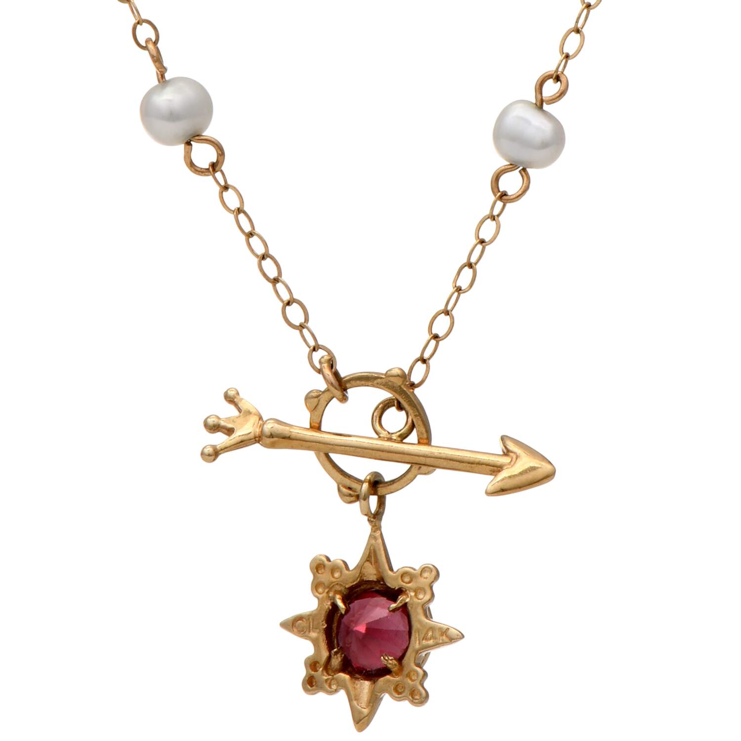 14KY Rubellite Tourmaline(0.47) & Pearl(4mm) Arrow Toggle Necklace-2