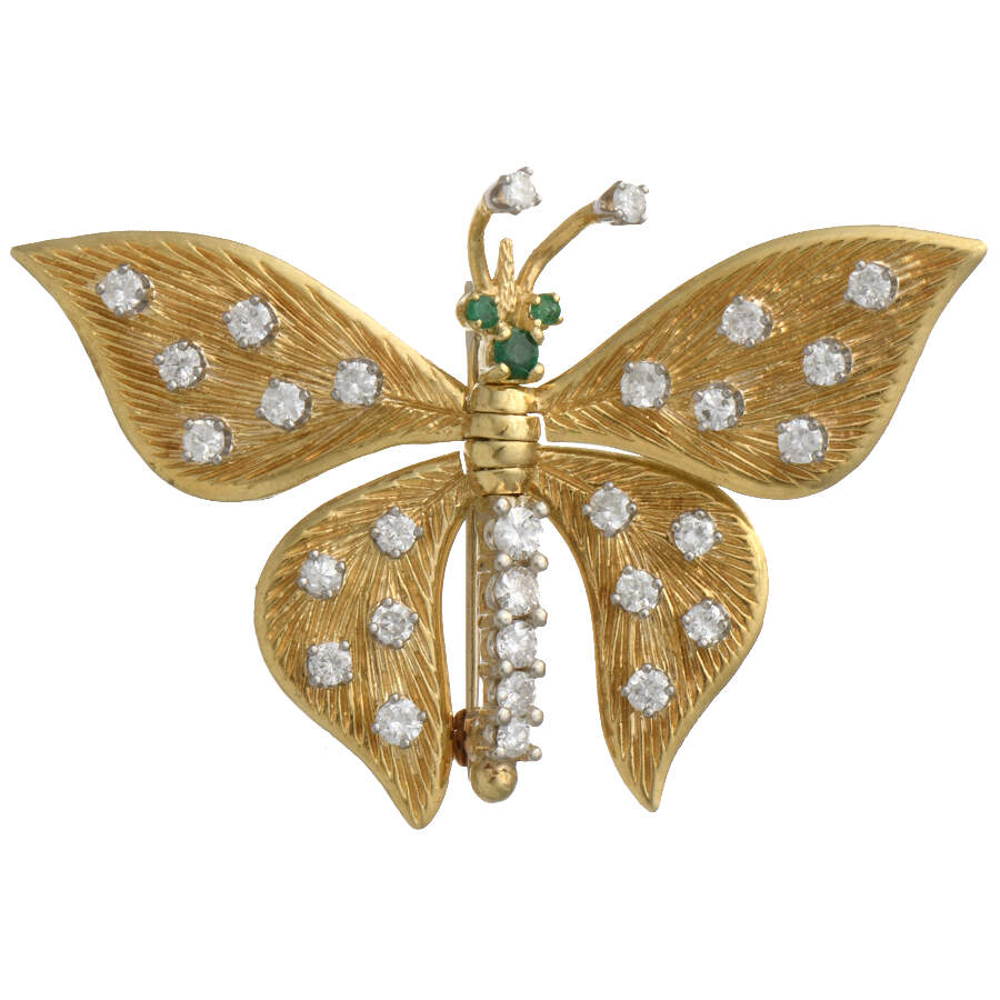 14KYW Articulated Butterfly Diamond(1.20) & Emerald(0.08) Pin-1