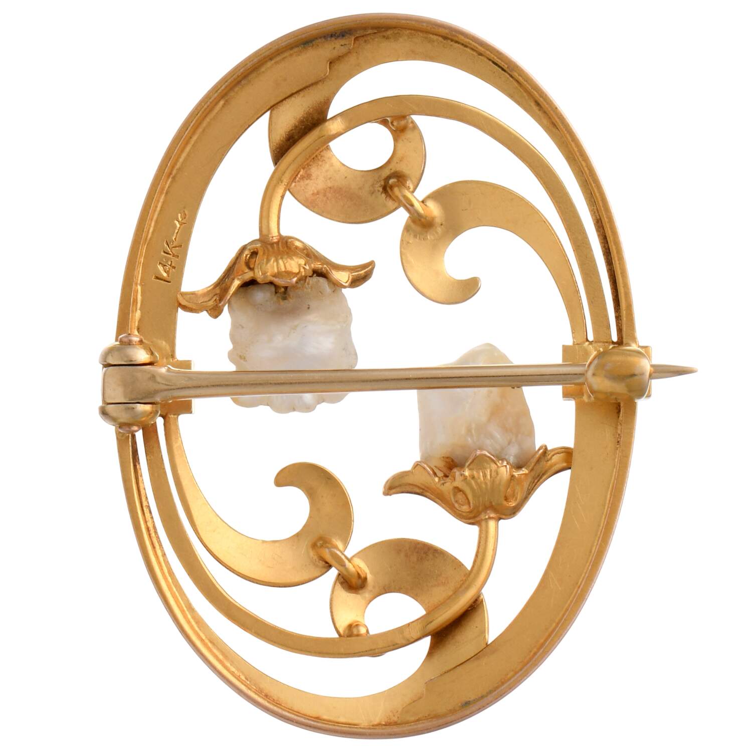 14KY Art Nouveau Natural Baroque & Seed Pearl Pin-2