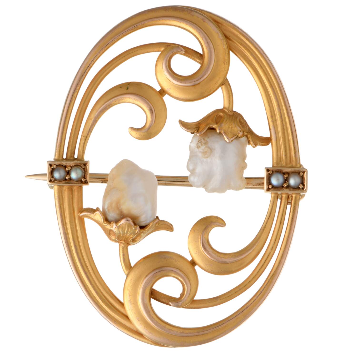 14KY Art Nouveau Natural Baroque & Seed Pearl Pin-1