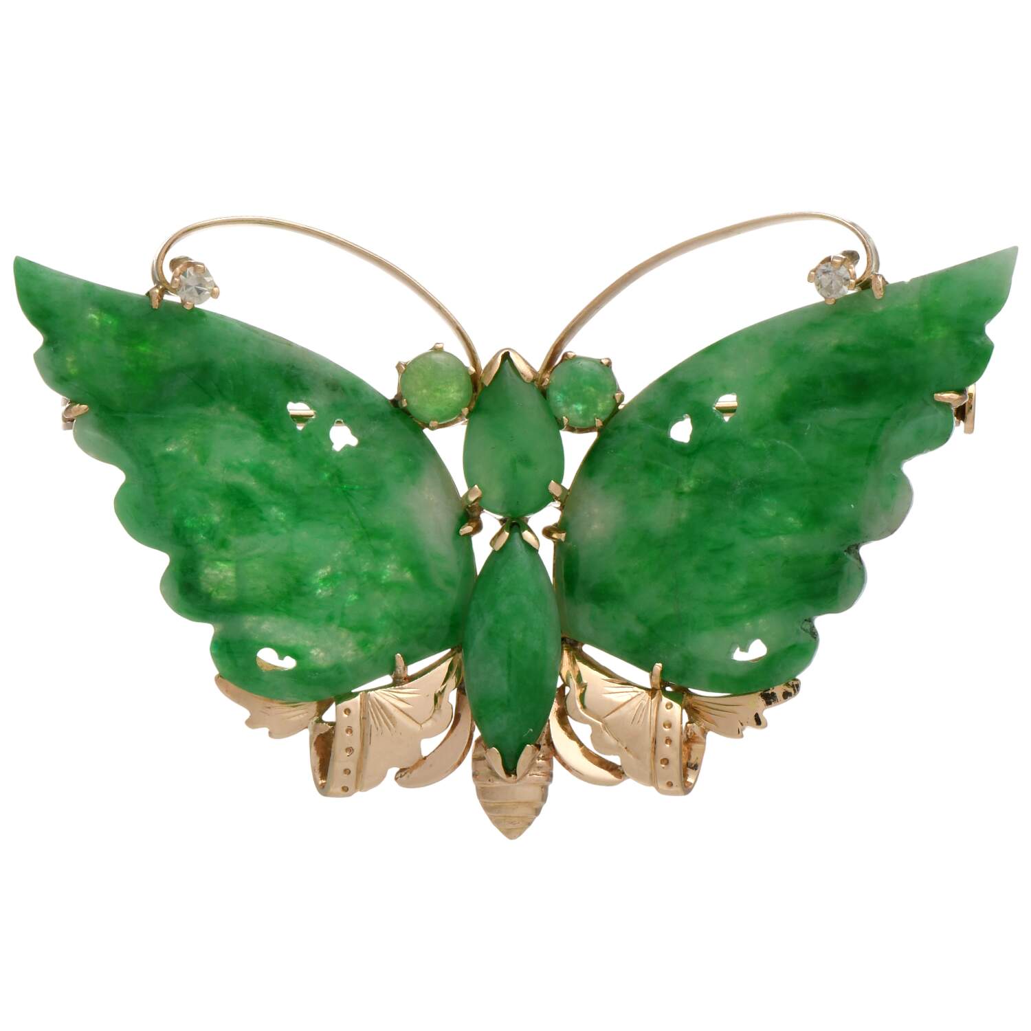 14KY Hand-Carved Jadeite Jade & White Topaz(0.08) Butterfly Pin-1