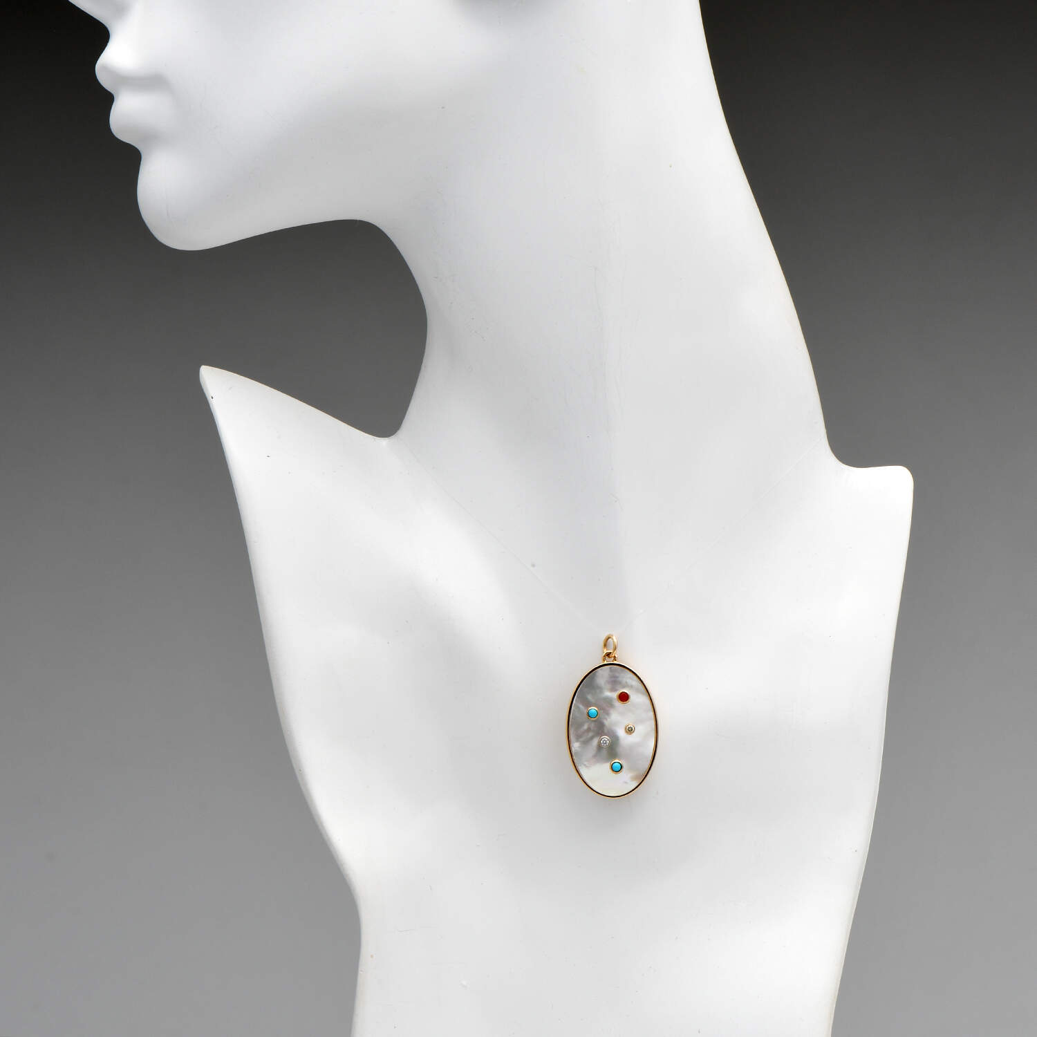 18KY Mother-of-Pearl & Diamond, Coral, & Turquoise Pendant-3